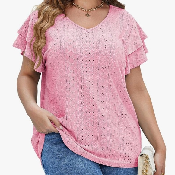 NEW In'Voland Women's Ruffle Sleeve Short Sleeve Blouse Size 22W Peach Coral - Picture 2 of 7